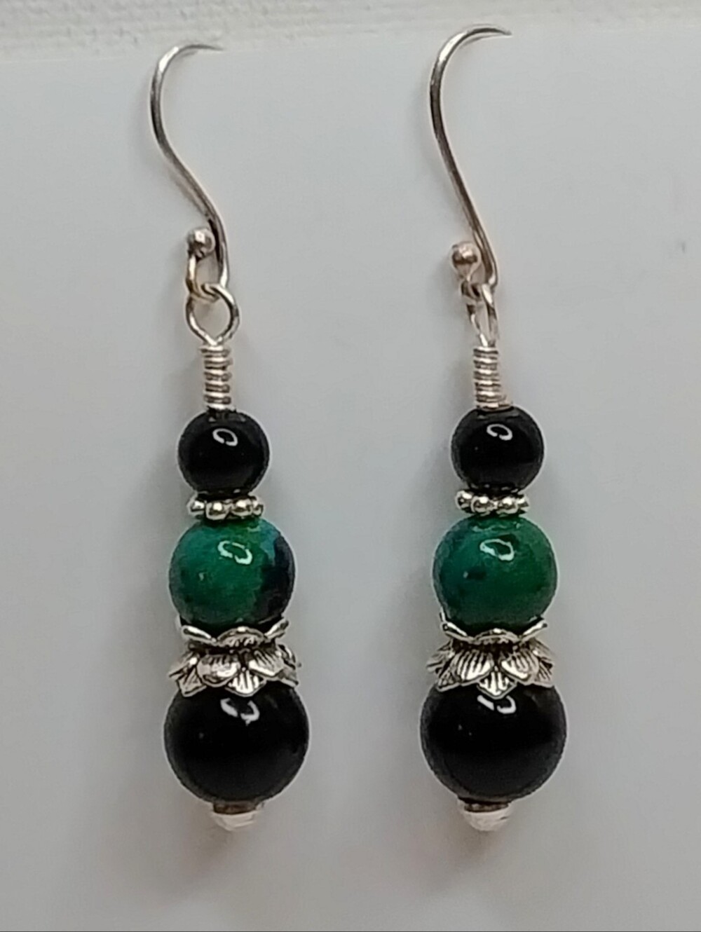 Azurite Chrysocolla And Black Onyx Beaded Dangle Drop Earrings Silver Boho Gift